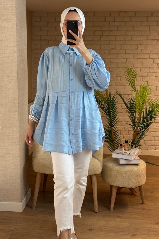 2126 Kolları Lastikli Balon Kol Tunik - BEBE MAVİ