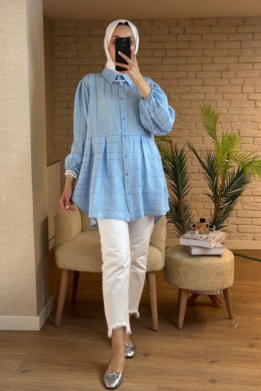 2126 Kolları Lastikli Balon Kol Tunik - BEBE MAVİ