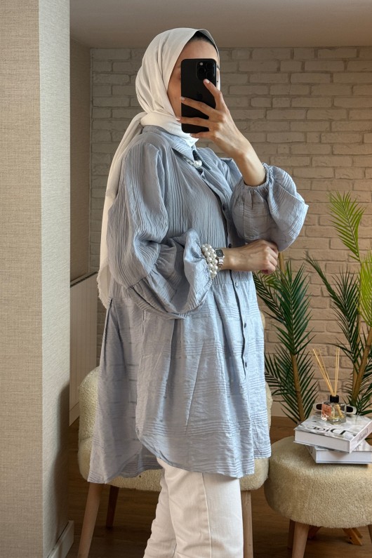 2126 Kolları Lastikli Balon Kol Tunik - GRİ