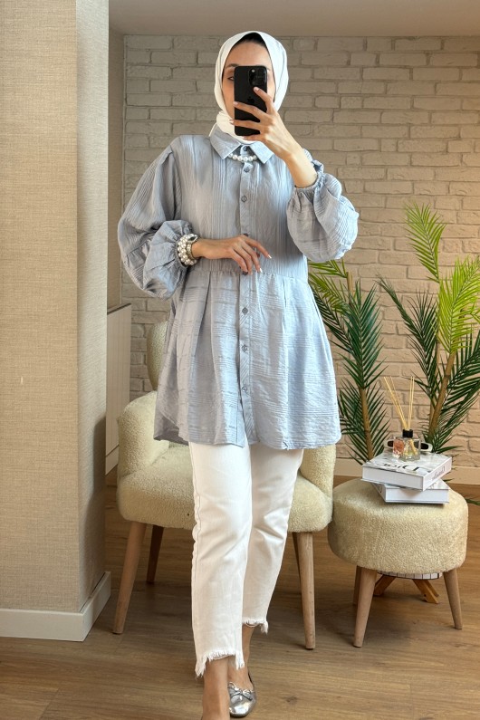 2126 Kolları Lastikli Balon Kol Tunik - GRİ