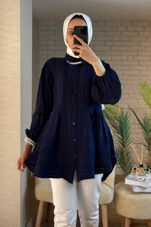2126 Kolları Lastikli Balon Kol Tunik - LACİVERT
