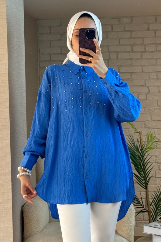 2127 Önü Taş Detaylı Gömlek - MAVİ