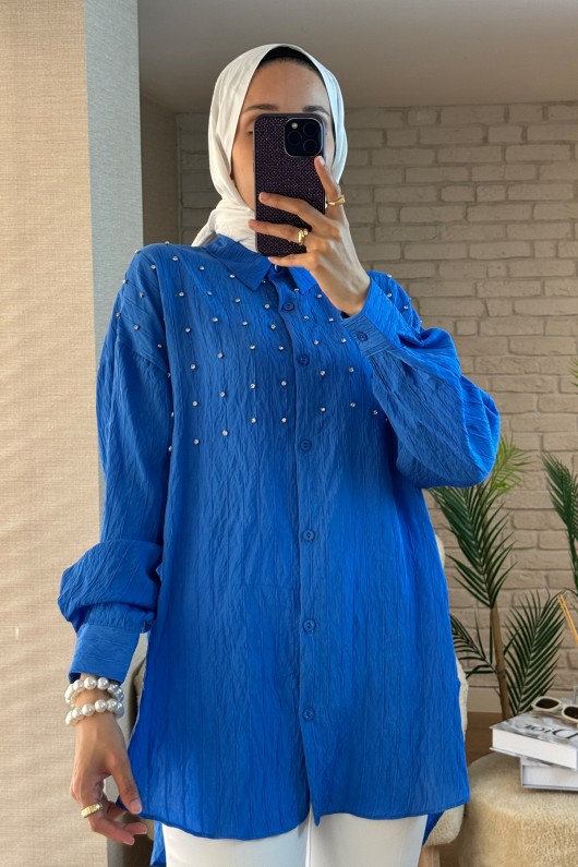 2127 Önü Taş Detaylı Gömlek - MAVİ