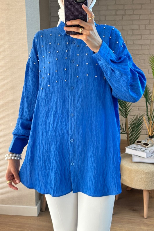 2127 Önü Taş Detaylı Gömlek - MAVİ