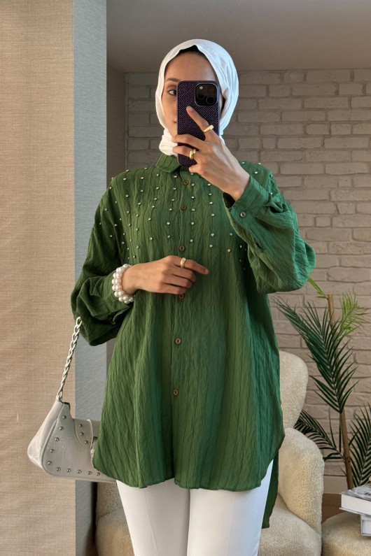 2127 Önü Taş Detaylı Gömlek - YEŞİL