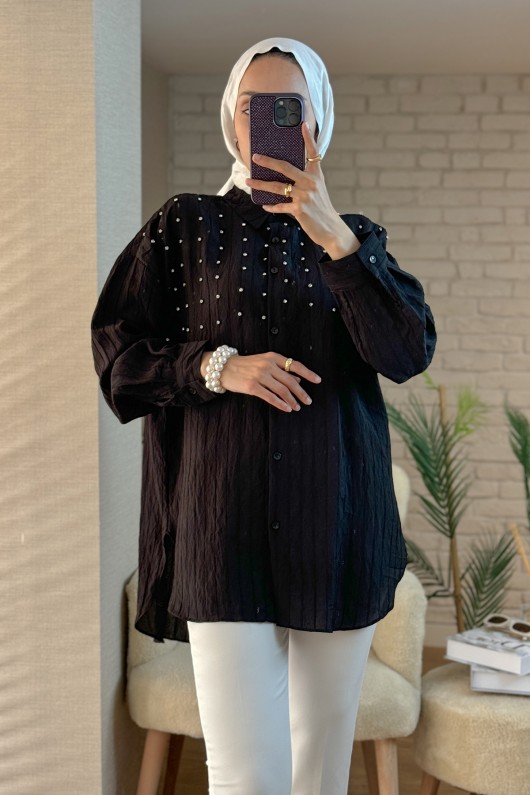 2127 Önü Taş Detaylı Gömlek - SİYAH