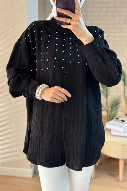 2127 Önü Taş Detaylı Gömlek - SİYAH