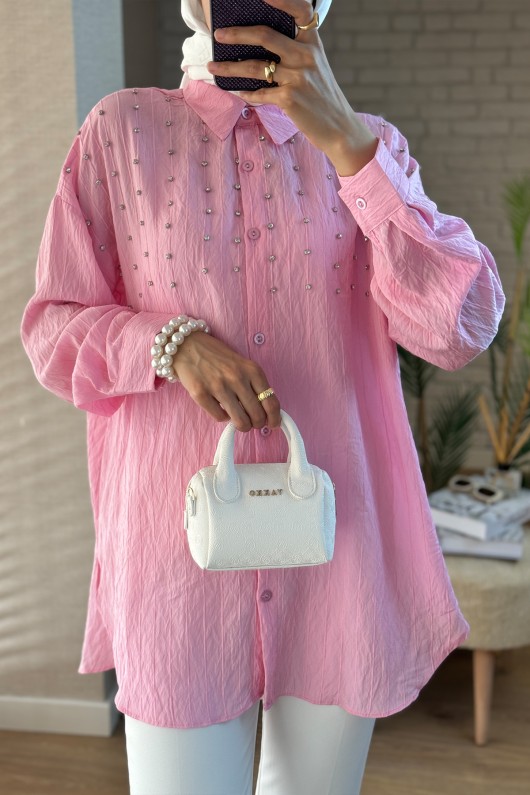 2127 Önü Taş Detaylı Gömlek - PEMBE