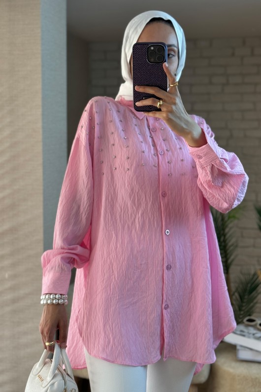 2127 Önü Taş Detaylı Gömlek - PEMBE