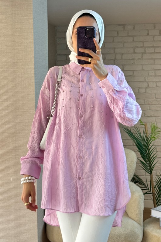 2127 Önü Taş Detaylı Gömlek - LİLA