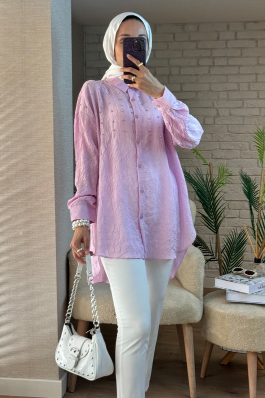 2127 Önü Taş Detaylı Gömlek - LİLA