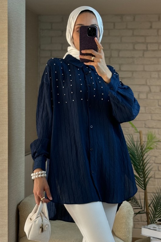 2127 Önü Taş Detaylı Gömlek - LACİVERT