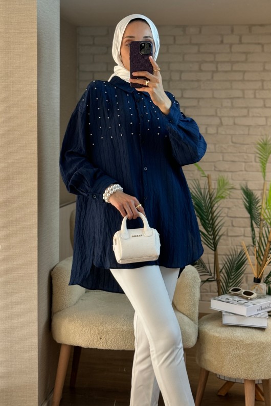 2127 Önü Taş Detaylı Gömlek - LACİVERT