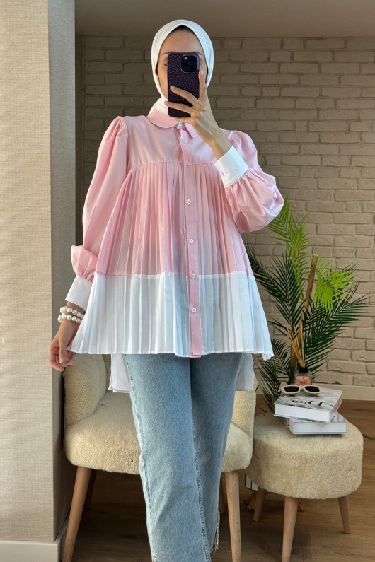 2131 Pliseli İki Renk Tunik - PEMBE