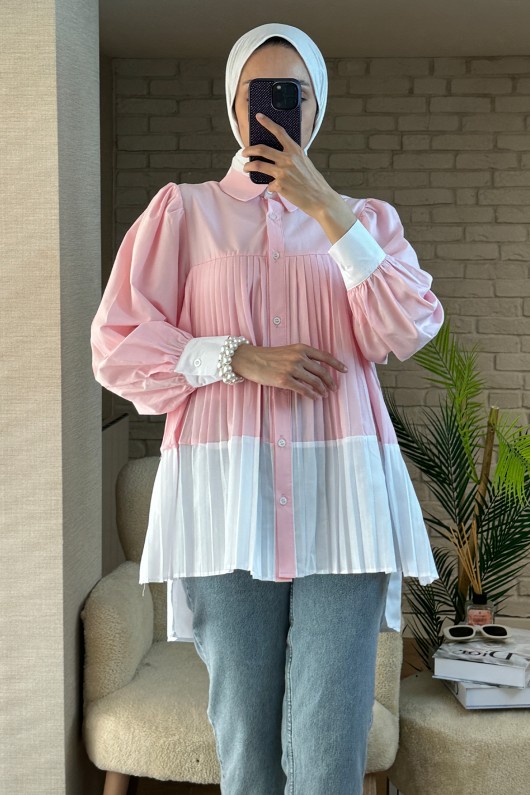 2131 Pliseli İki Renk Tunik - PEMBE