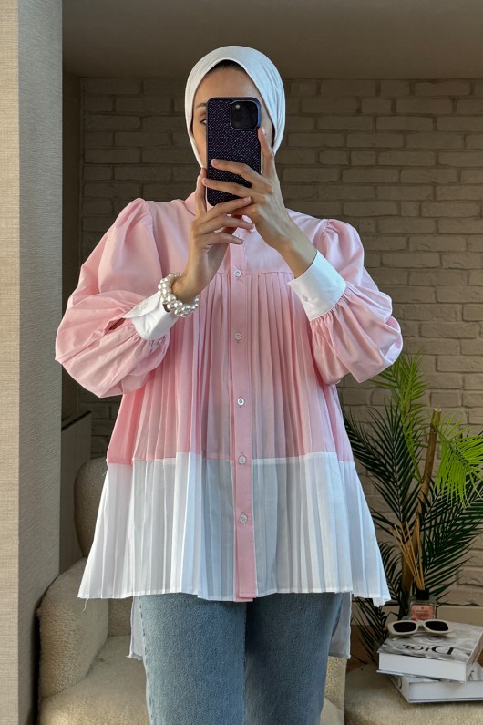 2131 Pliseli İki Renk Tunik - PEMBE
