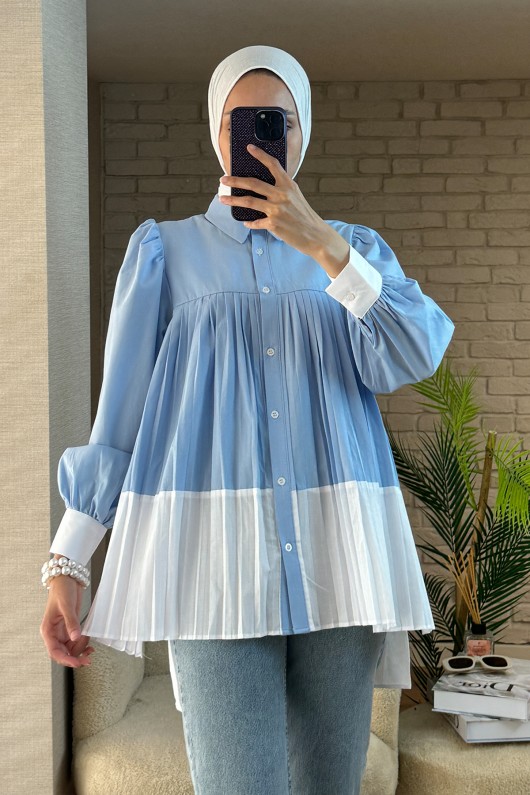 2131 Pliseli İki Renk Tunik - BEBE MAVİ