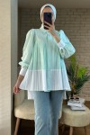 2131 Pliseli İki Renk Tunik - SU YEŞİLİ