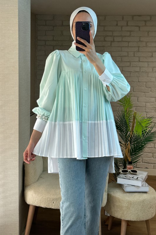 2131 Pliseli İki Renk Tunik - SU YEŞİLİ