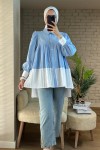 2131 Pliseli İki Renk Tunik - BEBE MAVİ