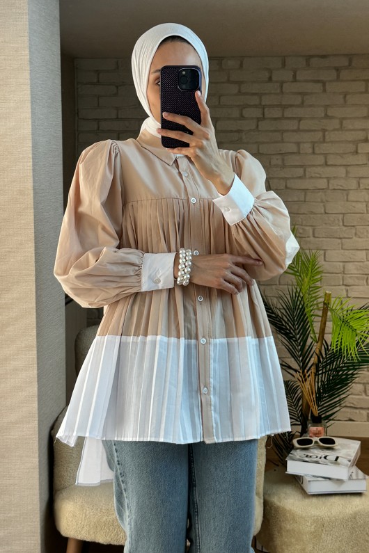 2131 Pliseli İki Renk Tunik - BEJ