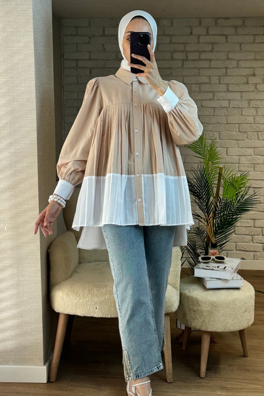 2131 Pliseli İki Renk Tunik - BEJ
