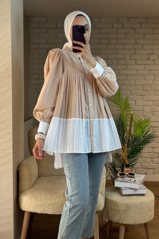 2131 Pliseli İki Renk Tunik - BEJ