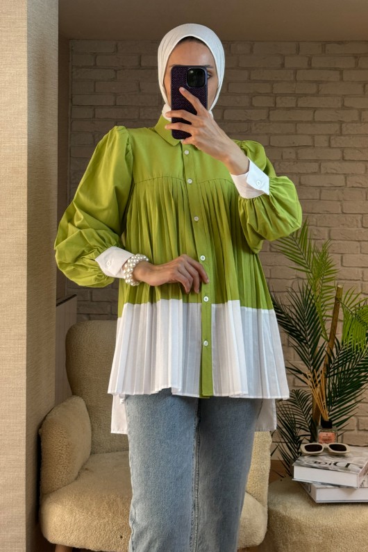 2131 Pliseli İki Renk Tunik - YAĞ YEŞİLİ