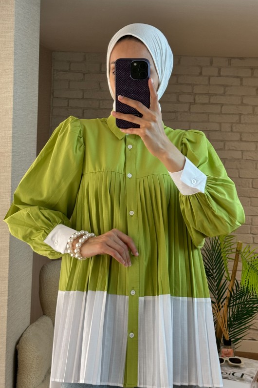 2131 Pliseli İki Renk Tunik - YAĞ YEŞİLİ