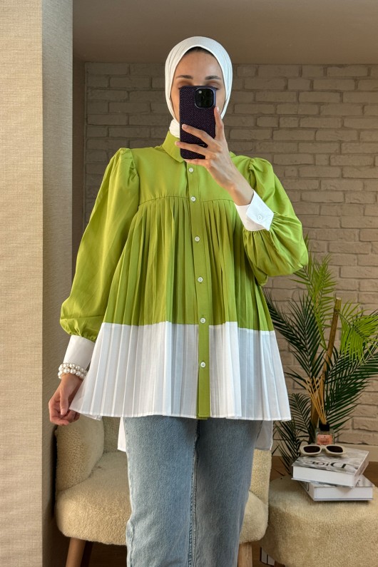 2131 Pliseli İki Renk Tunik - YAĞ YEŞİLİ