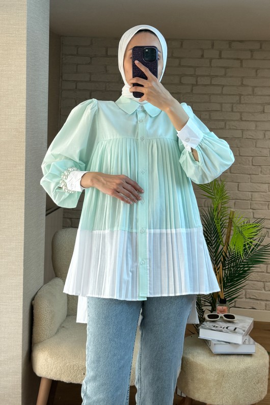 2131 Pliseli İki Renk Tunik - SU YEŞİLİ