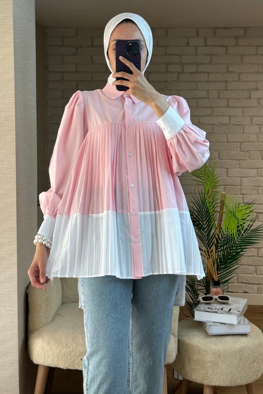 2131 Pliseli İki Renk Tunik - PEMBE
