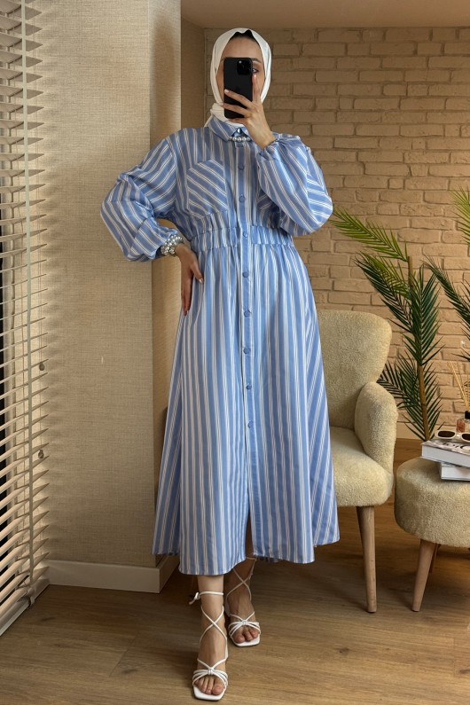 2132 Cep Detaylı Gömlek Elbise - MAVİ