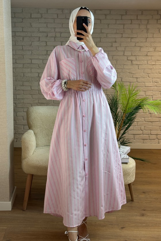 2132 Cep Detaylı Gömlek Elbise - PEMBE