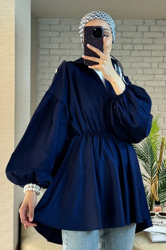 2135 Omuzları Düğme Detaylı Tunik - LACİVERT