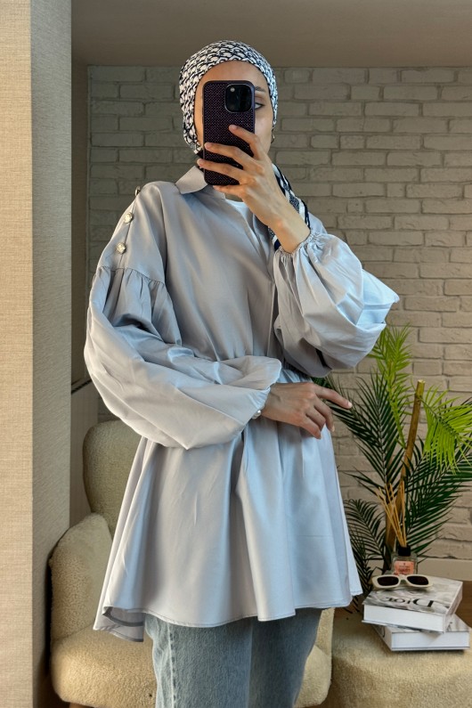 2135 Omuzları Düğme Detaylı Tunik - GRİ