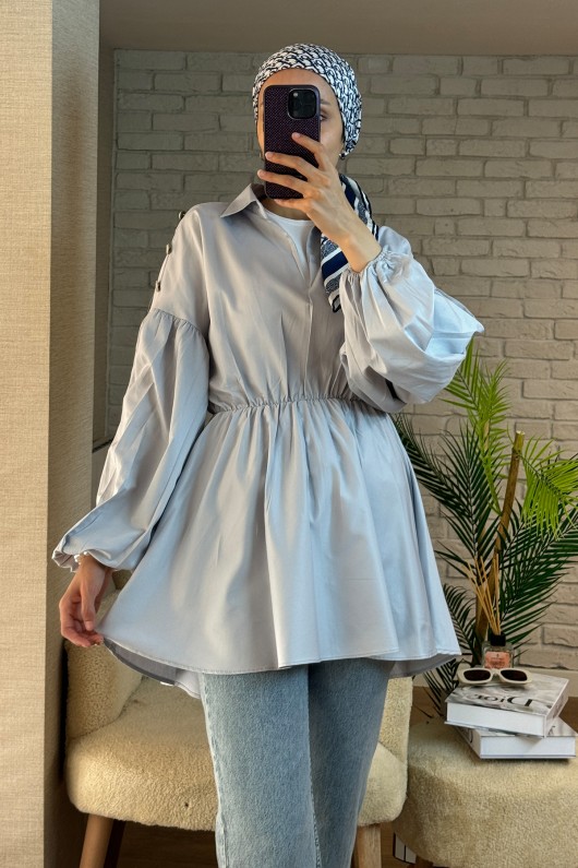 2135 Omuzları Düğme Detaylı Tunik - GRİ