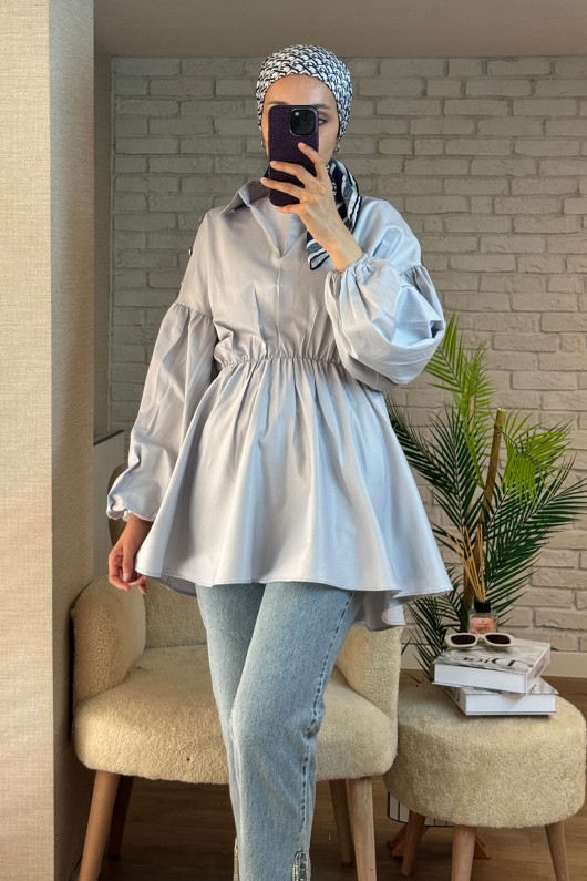 2135 Omuzları Düğme Detaylı Tunik - GRİ