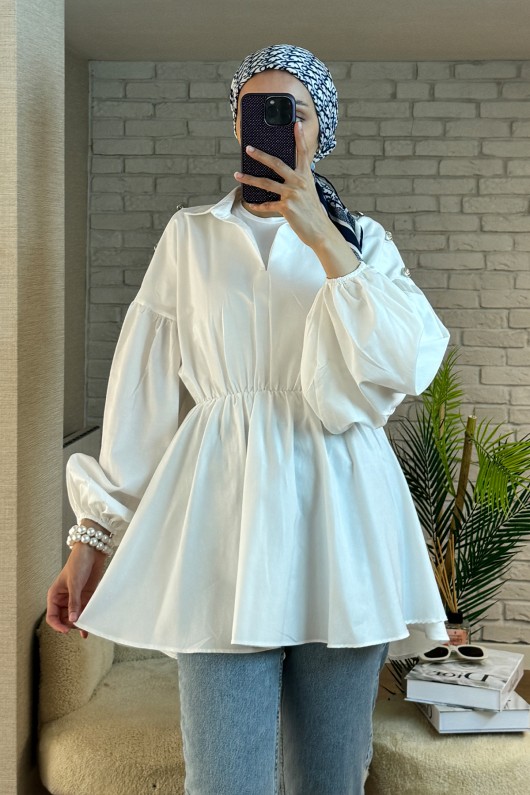2135 Omuzları Düğme Detaylı Tunik - BEYAZ