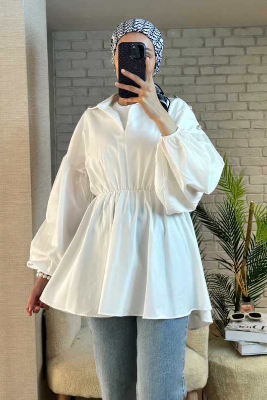 2135 Omuzları Düğme Detaylı Tunik - BEYAZ