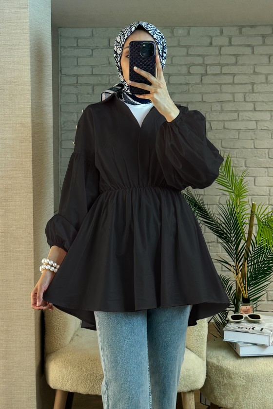 2135 Omuzları Düğme Detaylı Tunik - SİYAH