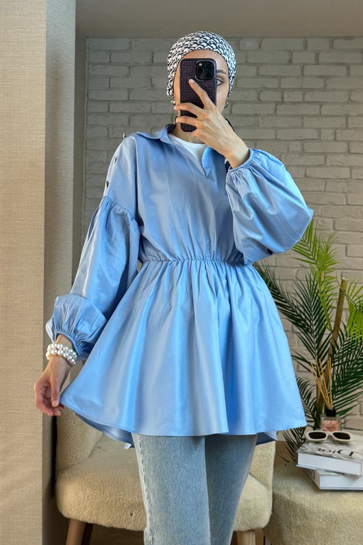 2135 Omuzları Düğme Detaylı Tunik - BEBE MAVİSİ