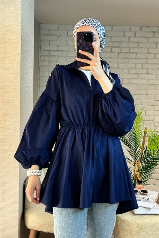 2135 Omuzları Düğme Detaylı Tunik - LACİVERT