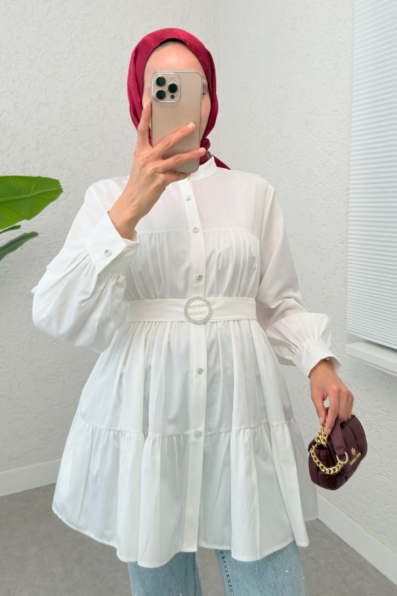 Kemer Detaylı Kat Kat Tunik 2140 - BEYAZ