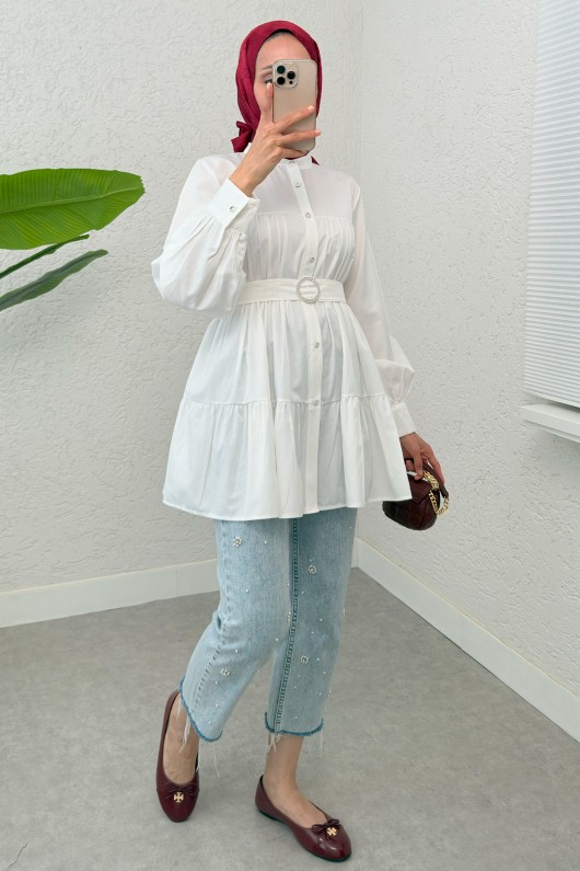 Kemer Detaylı Kat Kat Tunik 2140 - BEYAZ