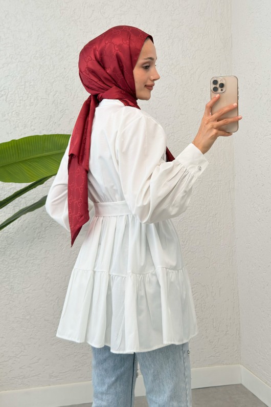 Kemer Detaylı Kat Kat Tunik 2140 - BEYAZ