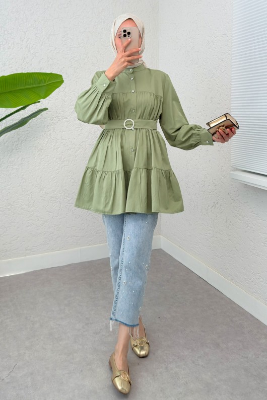 Kemer Detaylı Kat Kat Tunik 2140 - MİNT YEŞİLİ