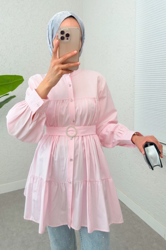 Kemer Detaylı Kat Kat Tunik 2140 - PEMBE