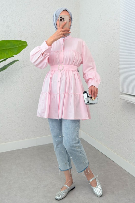 Kemer Detaylı Kat Kat Tunik 2140 - PEMBE