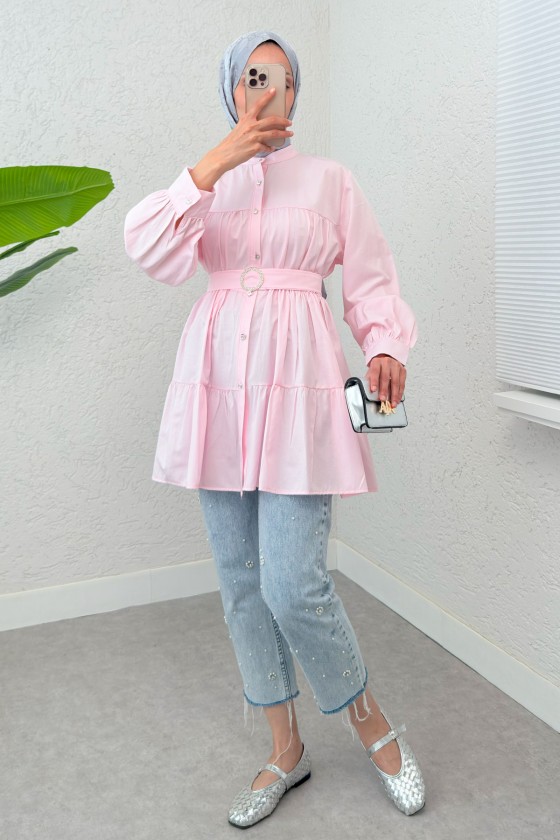 Kemer Detaylı Kat Kat Tunik 2140 - PEMBE